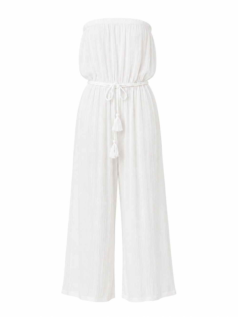 Elan Strapless White Wide-Leg Jumpsuit with Tassel Tie